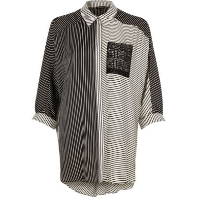 Cream contrast stripe print longline shirt